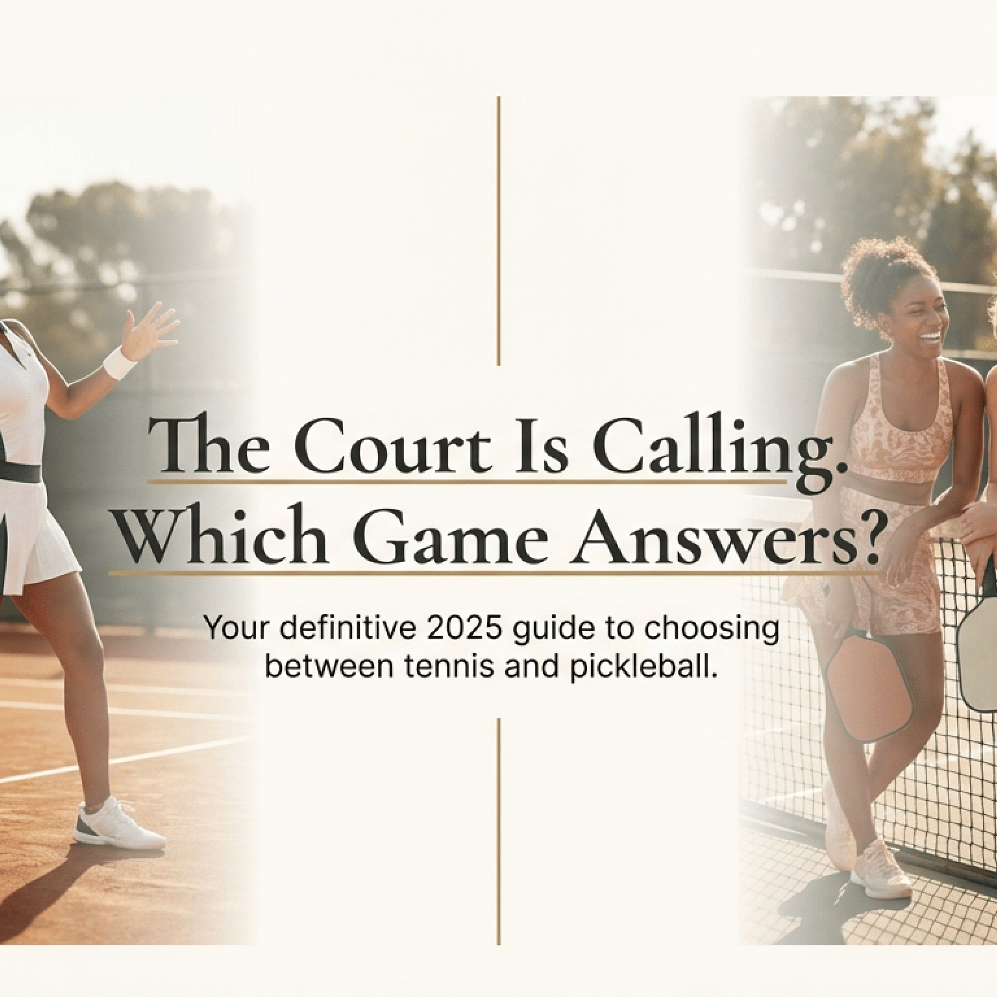 Tennis vs Pickleball comparison: Intense tennis action shot contrasted with social women's pickleball community.