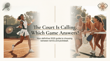 Tennis vs Pickleball comparison: Intense tennis action shot contrasted with social women's pickleball community.