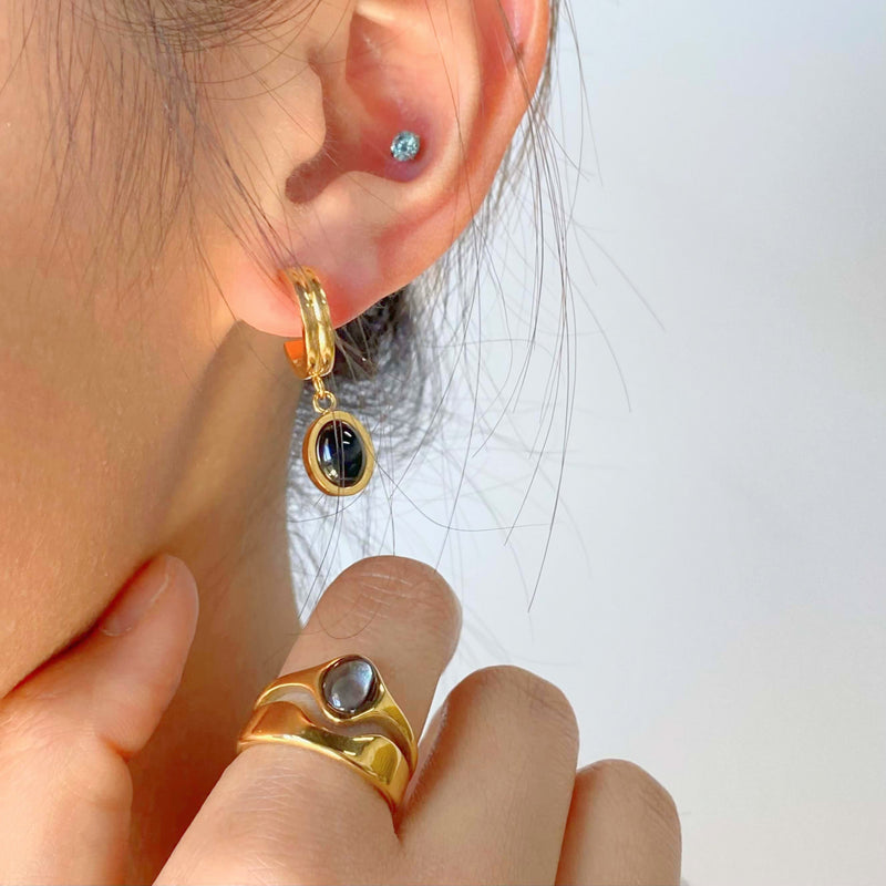 Black Onyx Drop Hoop Earrings