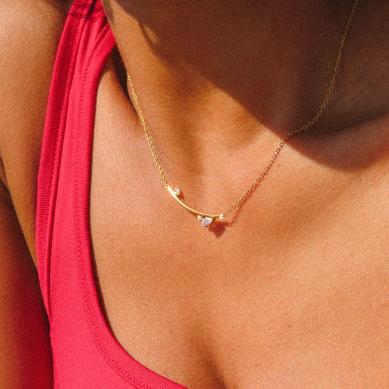 Curved Bar Necklace with CZ Leaf
