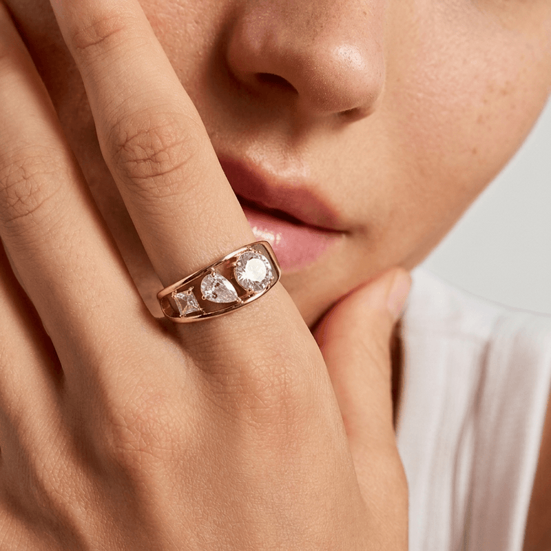 Mixed Cut Three Stone Ring - Open Gold Band
