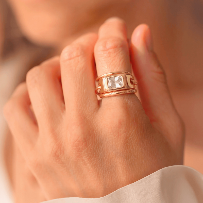 Triple Link Rectangle CZ Ring - 18k Gold Plated Stainless Steel