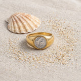 Athena Coin Signet Ring on raw linen beside a scallop shell and a scatter of fine sand