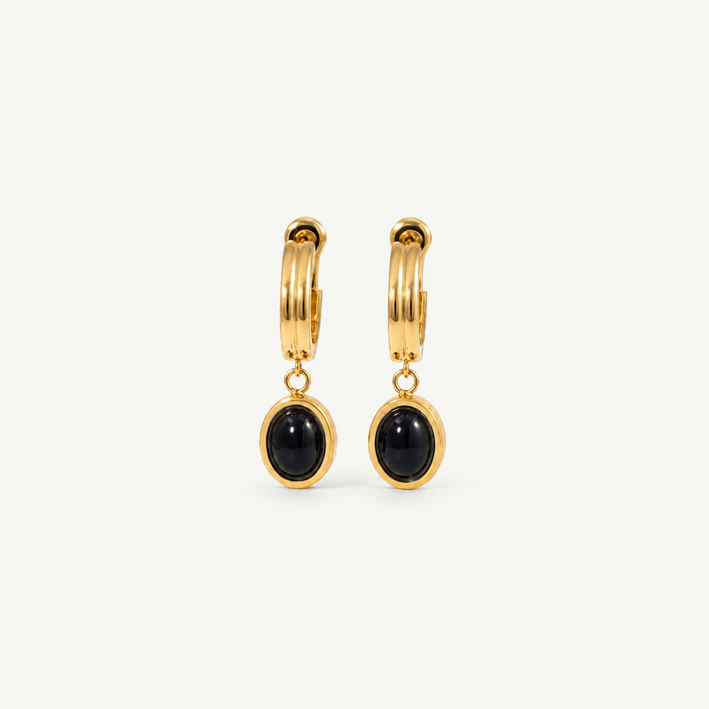 Black Onyx Drop Hoop Earrings