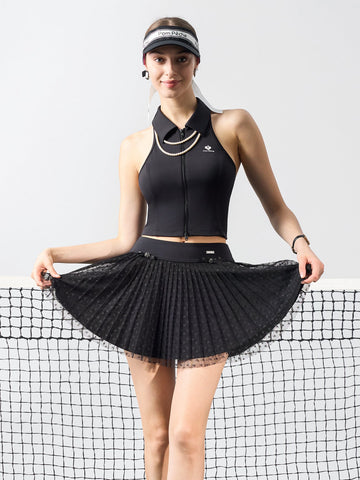 Chanson Pleated Heart Mesh Skort for Tennis & Pickleball - Black - Volaea Pickleball Attire