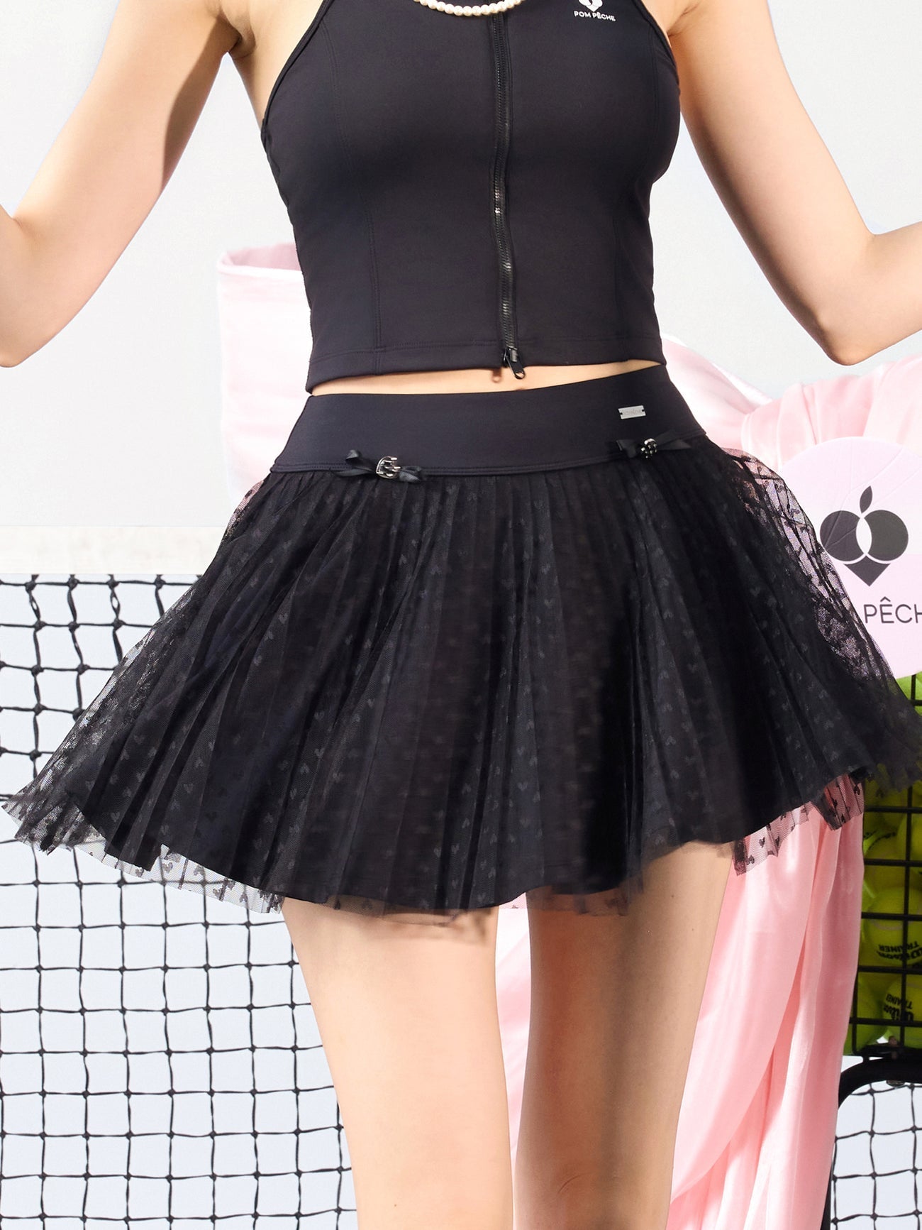 Chanson Pleated Heart Mesh Skort for Tennis & Pickleball - Black - Volaea Pickleball Attire