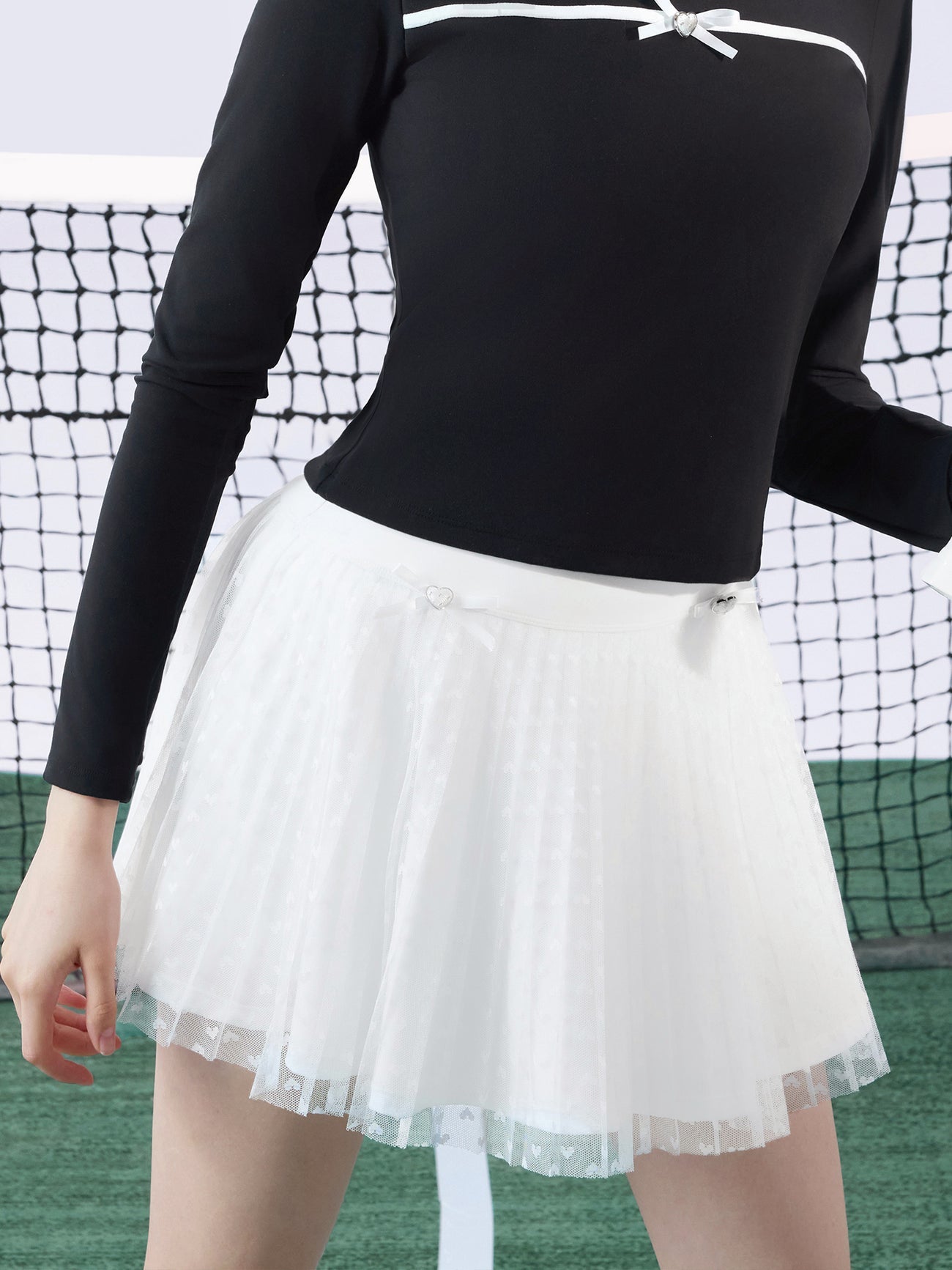 Chanson Pleated Heart Mesh Skort for Tennis & Pickleball - Black - Volaea Pickleball Attire