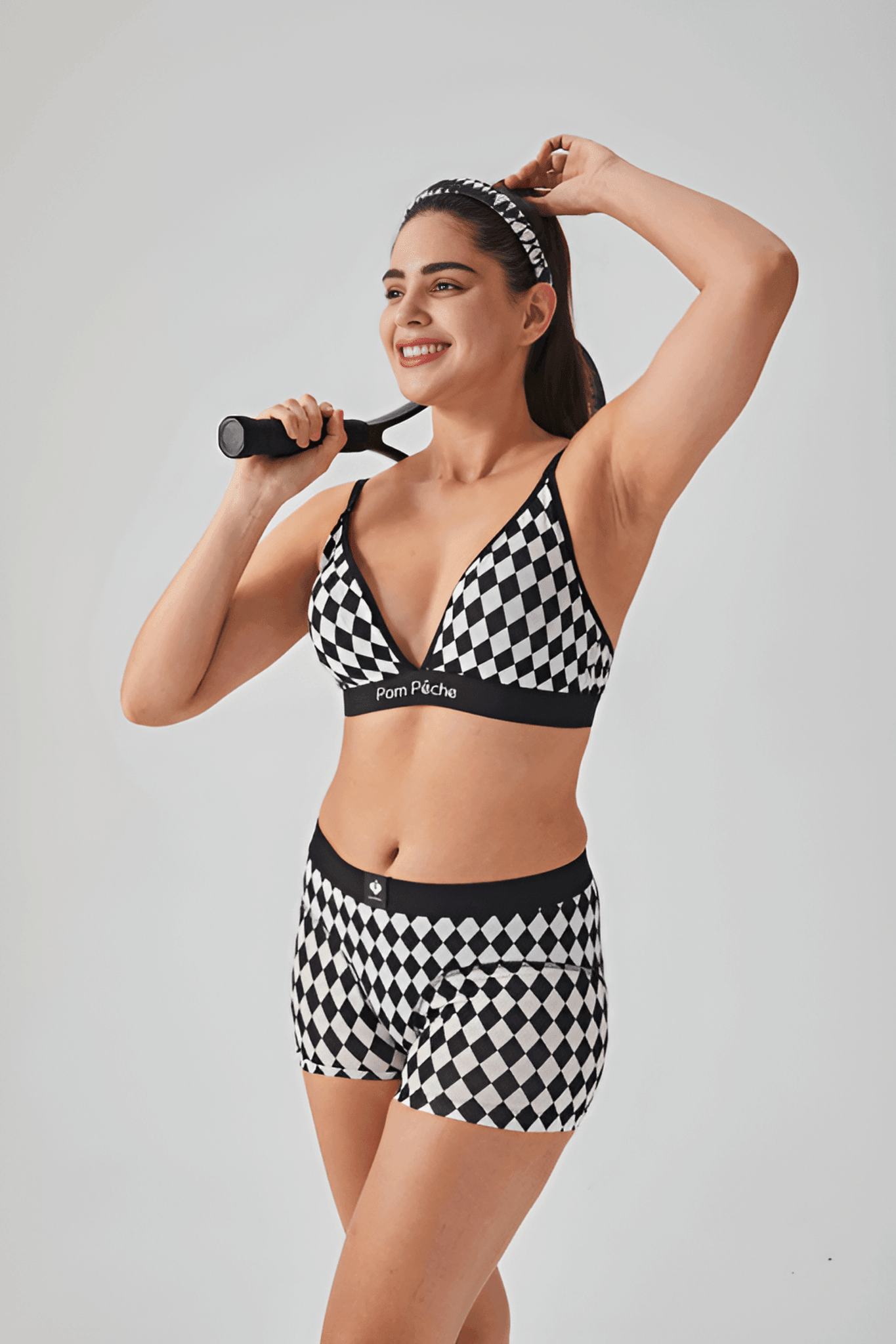 Coco Black and White Diamond - cut Checkers French High Waist Boxer - Volaea Pickleball Attire
