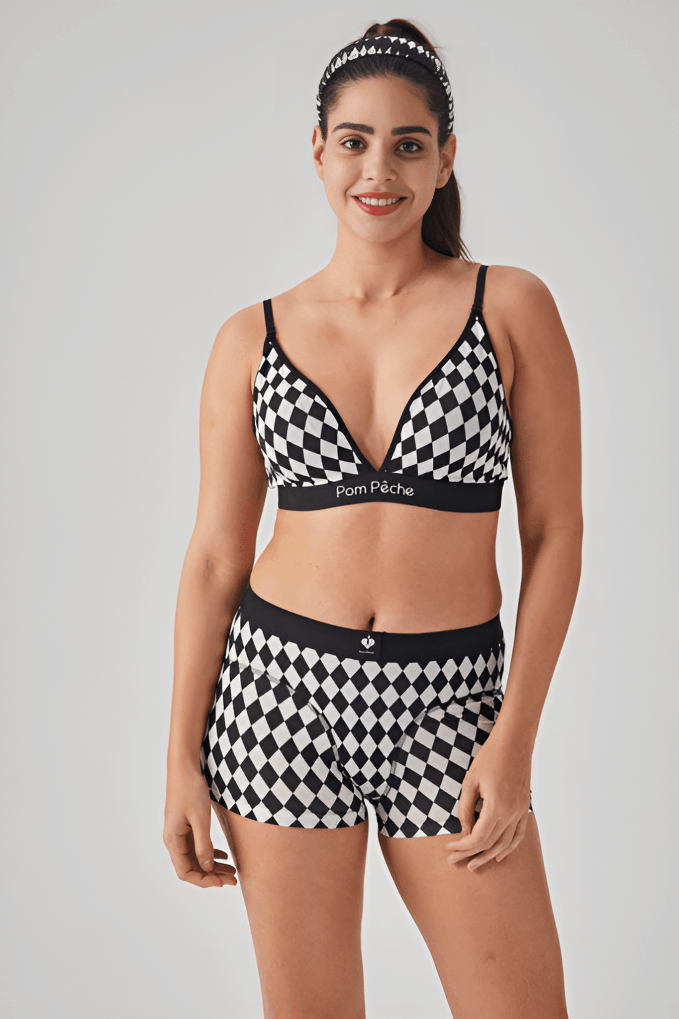 Coco Black and White Diamond - cut Checkers French High Waist Boxer - Volaea Pickleball Attire