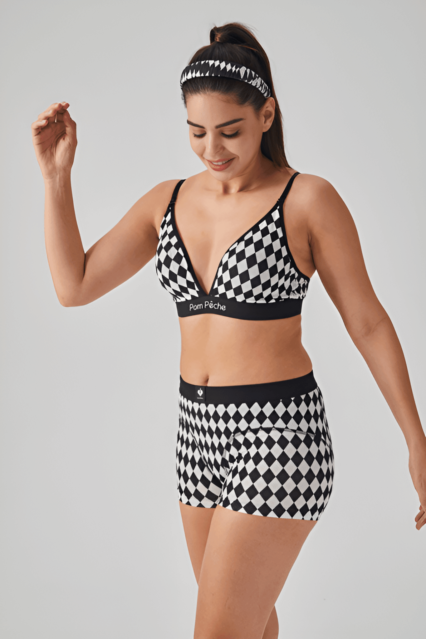 Coco Black and White Diamond - cut Checkers French High Waist Boxer - Volaea Pickleball Attire
