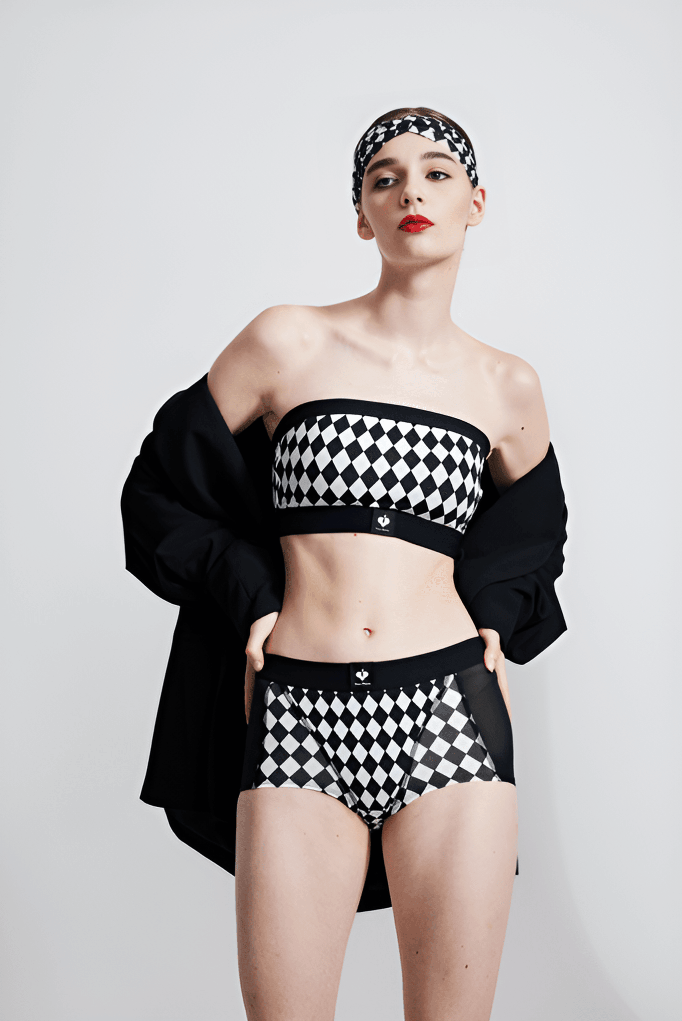 Coco Black and White Diamond - cut Checkers French Mesh - sides boxer - Volaea Pickleball Attire