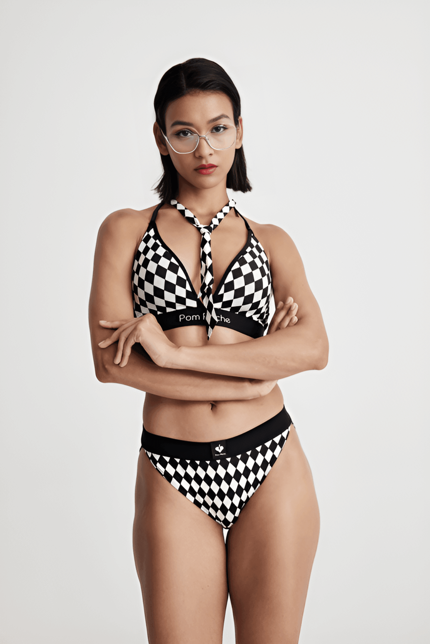 Coco Black and White Diamond - cut Checkers French Women Split Brief - Volaea Pickleball Attire