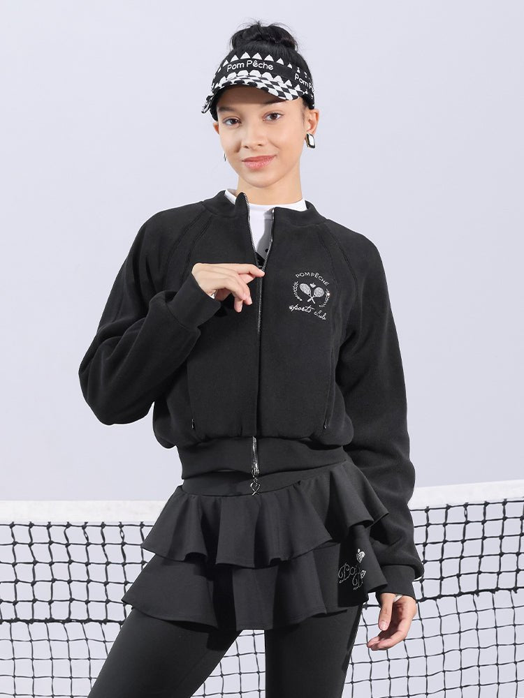 Cropped Fleece Zip Jacket for Tennis & Pickleball - Chanson Black - Volaea Pickleball Attire