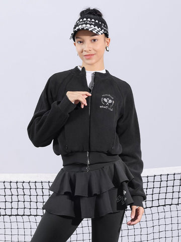 Cropped Fleece Zip Jacket for Tennis & Pickleball - Chanson Black - Volaea Pickleball Attire