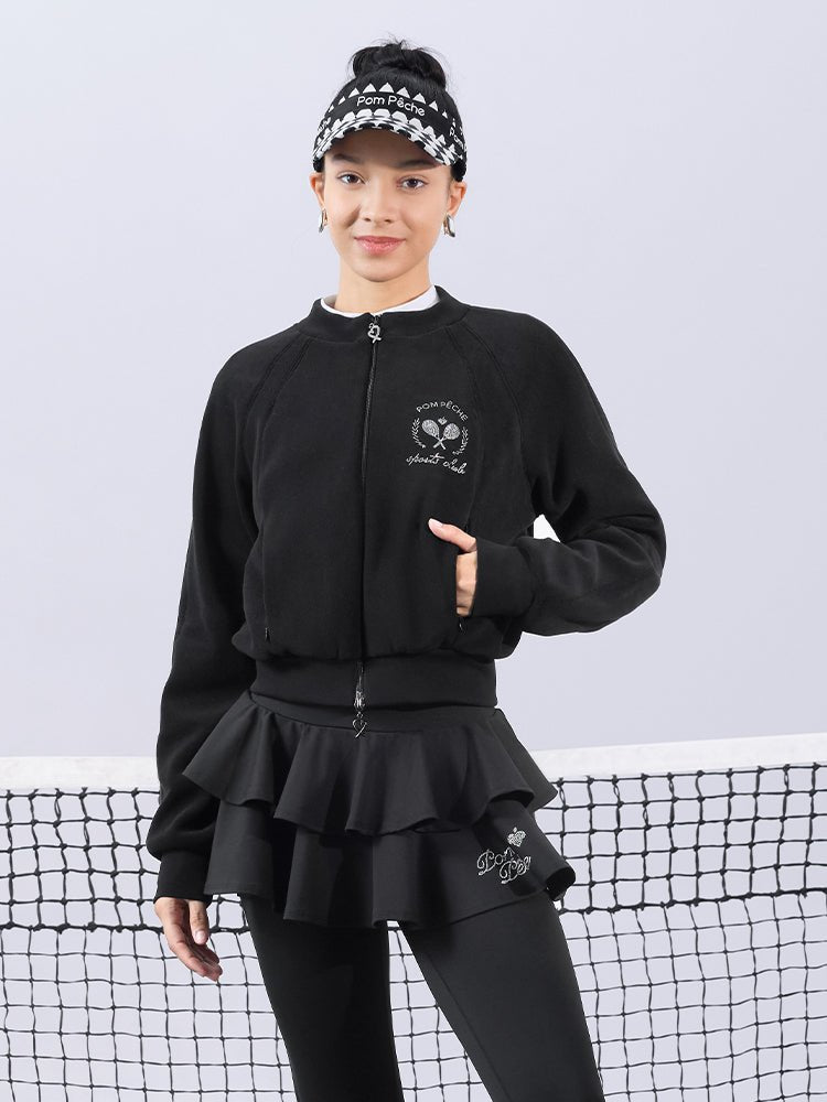 Cropped Fleece Zip Jacket for Tennis & Pickleball - Chanson Black - Volaea Pickleball Attire