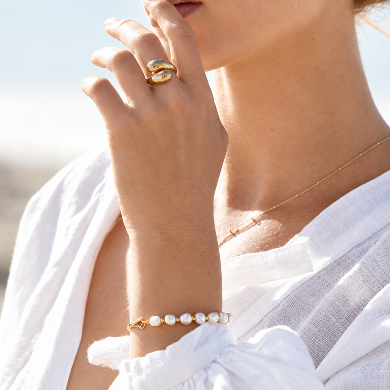 Half Pearl Gold Bracelet - Freshwater Pearl & 18k Gold Plated