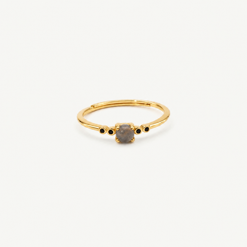 Labradorite & Black CZ Adjustable Ring – Gold-Plated Stainless Steel