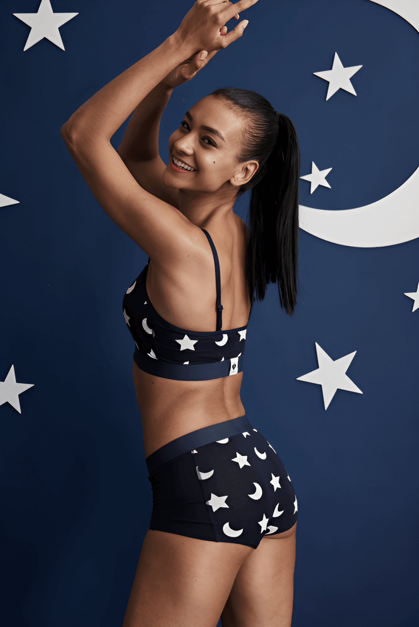 Lisa Navy Blue Stars and Moons Pattern V Sports Bra - Volaea Pickleball Attire