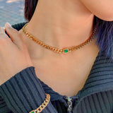 Emerald Gem Curb Chain Necklace, waterproof 18k gold-plated stainless steel