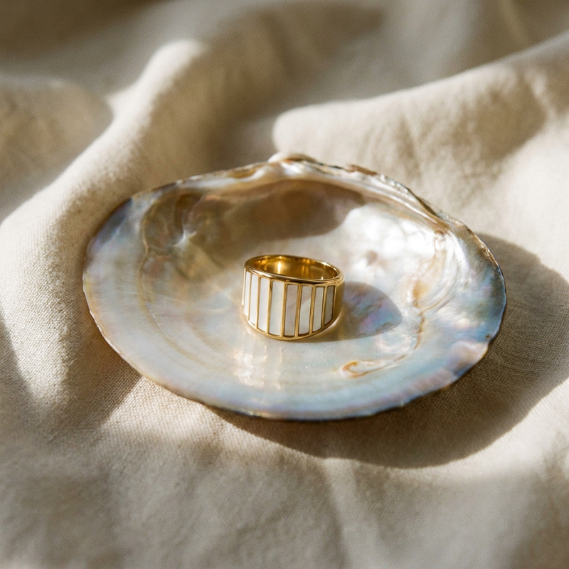 Gold Plated Striped Mother of Pearl Ring