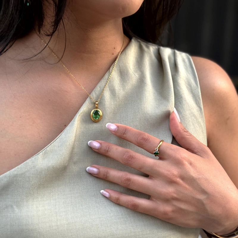 Emerald Gemstone Pendant Necklace, 18k Gold Plated Stainless Steel