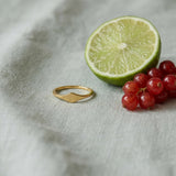 Tarnish on pale grey-green linen beside a halved lime and red currants
