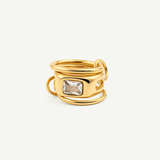 Triple Link Rectangle CZ Ring - 18k Gold Plated Stainless Steel