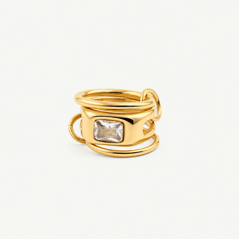 Triple Link Rectangle CZ Ring - 18k Gold Plated Stainless Steel