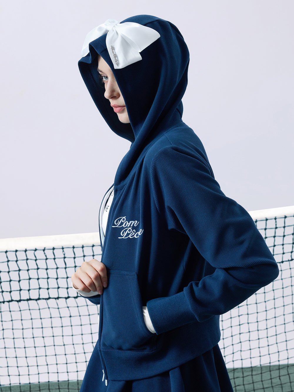 Waffle Knit Zip - Up Bow Hoodie for Tennis - Volaea Pickleball Attire