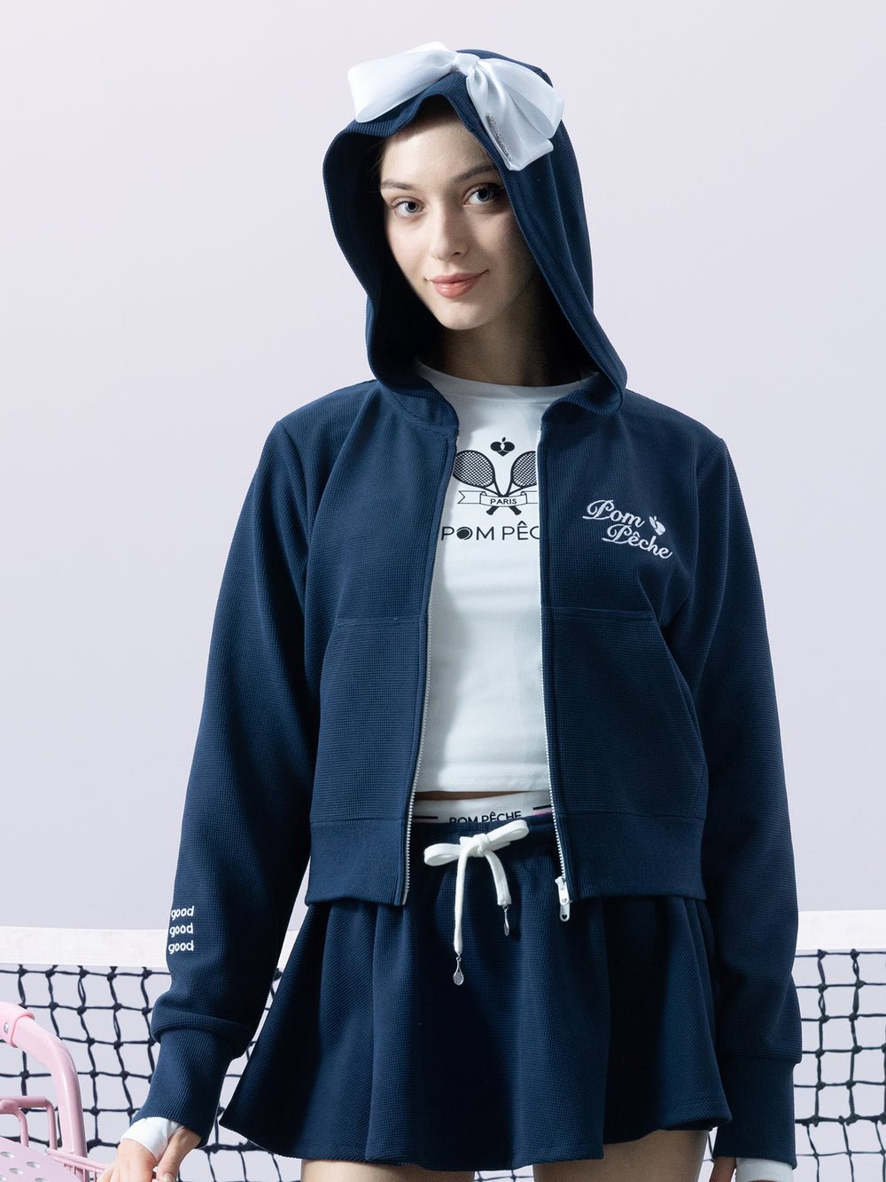 Waffle Knit Zip - Up Bow Hoodie for Tennis - Volaea Pickleball Attire