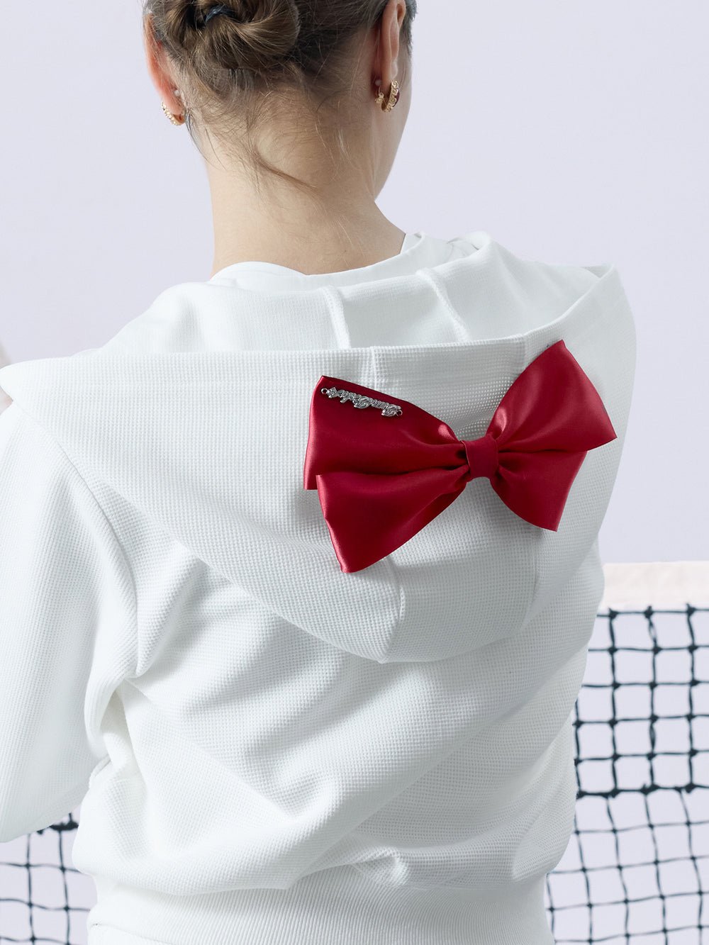 Waffle Knit Zip - Up Bow Hoodie for Tennis - Volaea Pickleball Attire