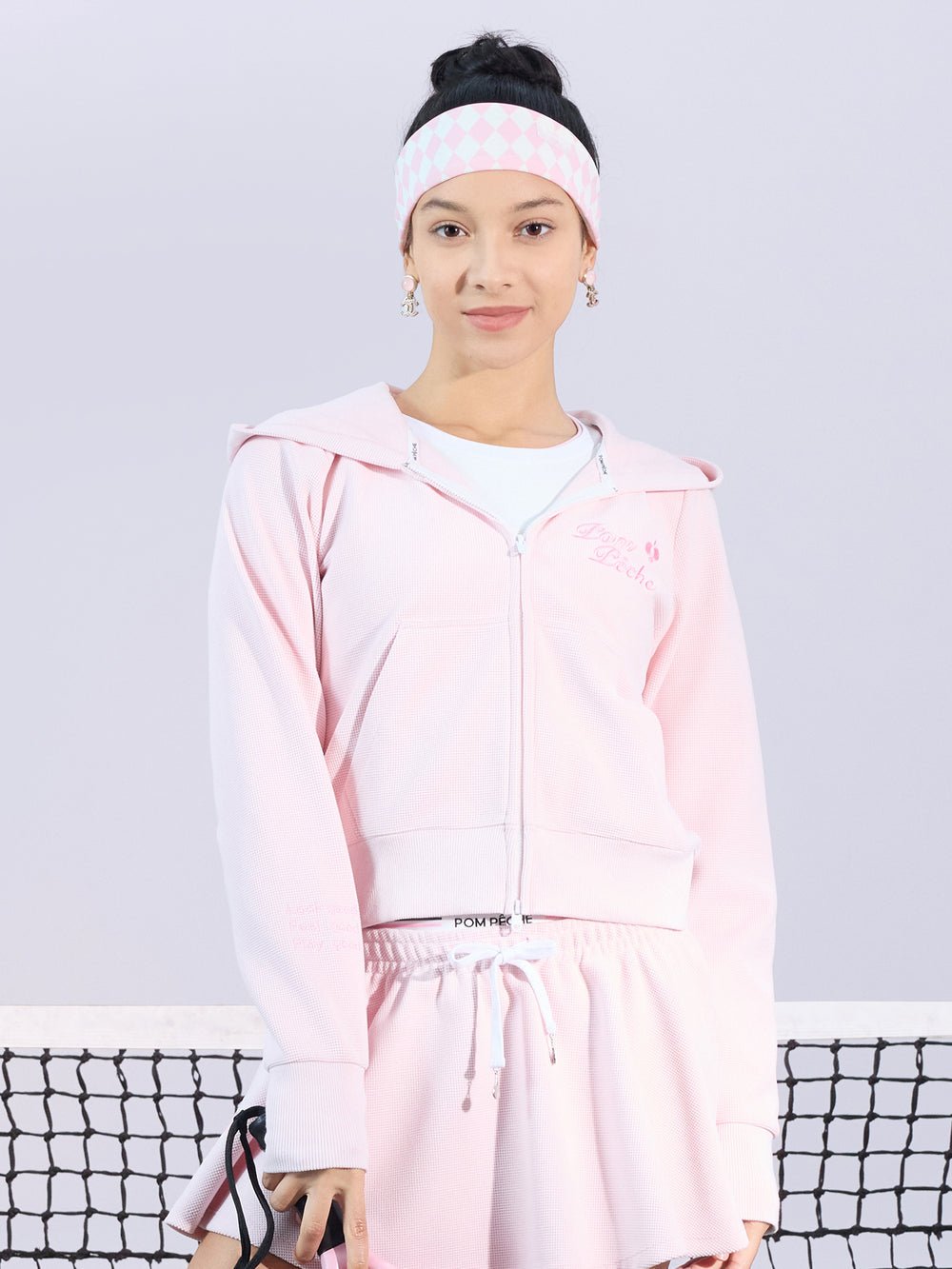 Waffle Knit Zip - Up Bow Hoodie for Tennis - Volaea Pickleball Attire