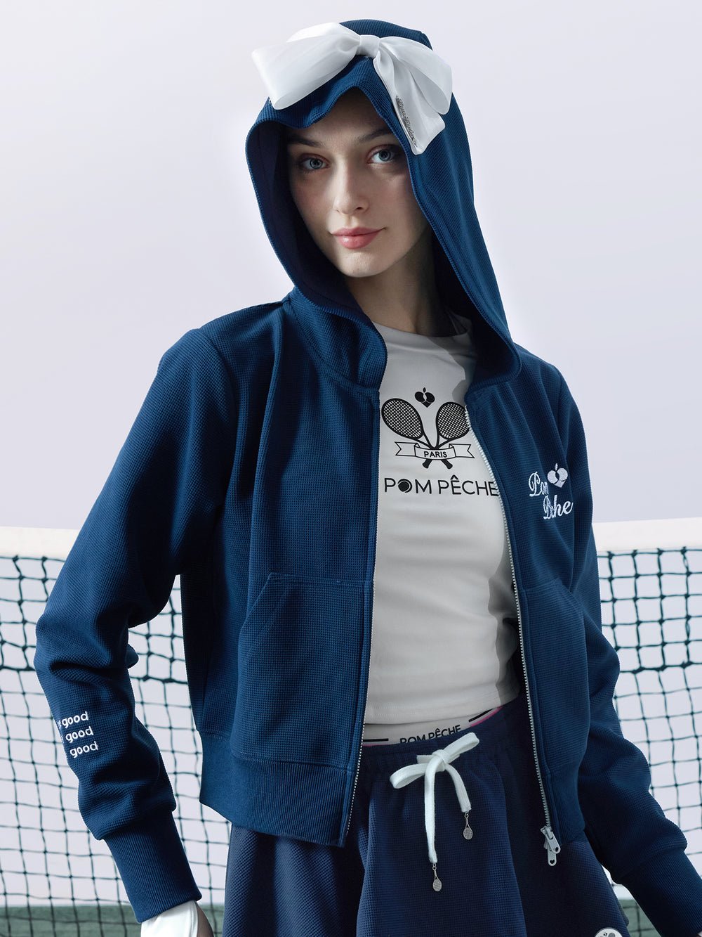 Waffle Knit Zip - Up Bow Hoodie for Tennis - Volaea Pickleball Attire