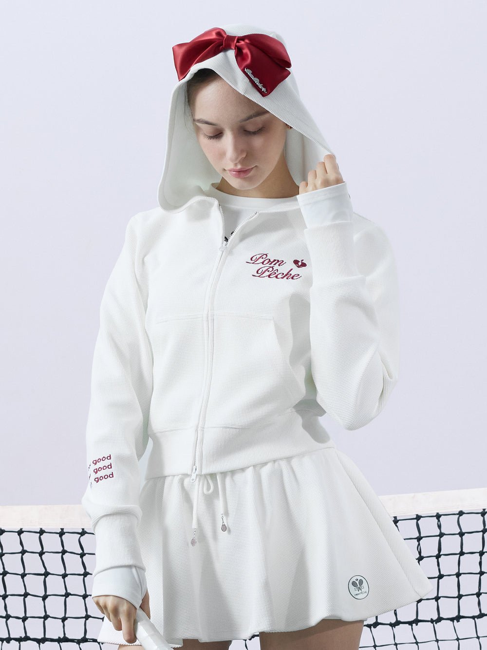 Waffle Knit Zip - Up Bow Hoodie for Tennis - Volaea Pickleball Attire