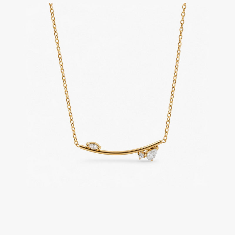 Curved Bar Necklace with CZ Leaf